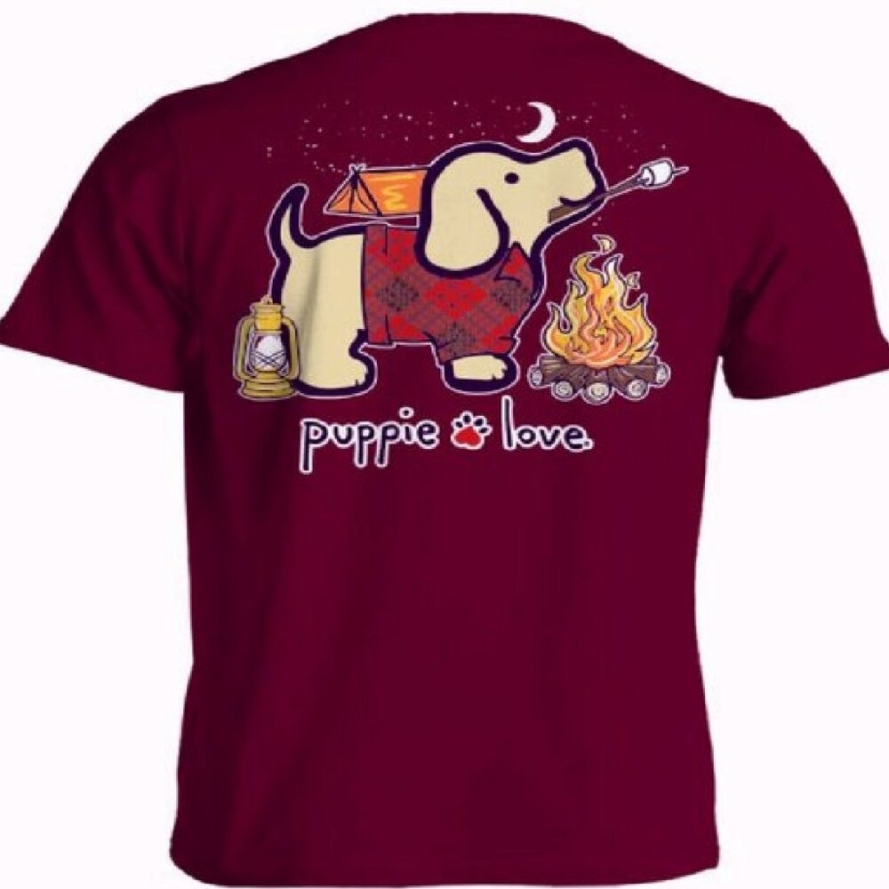 Puppie Love Dog Youth Camping Pup Toasted Marshmallows Short Sleeve T-Shirt NEW